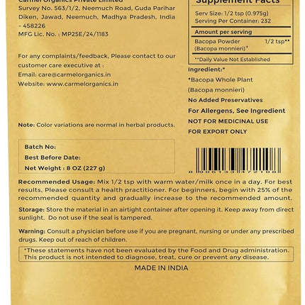 CARMEL ORGANICS Bacopa Monnieri/Brahmi Powder | 8 Ounce or 0.5 Lb/ 227 Grams(Pack of 1) | Natural and Pure Bacopa Powder Non-GMO | No Added Preservative