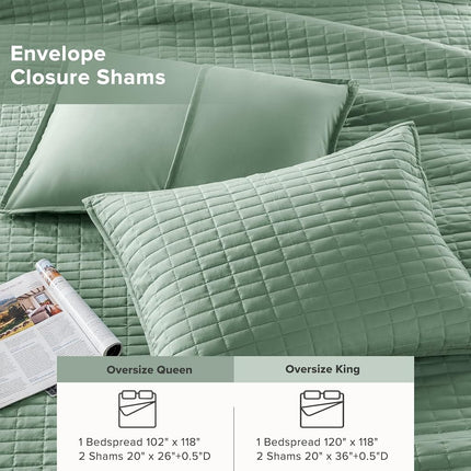 Comfort Spaces Kienna Quilt Set-Luxury Double Sided Stitching Design, All Season, Lightweight, Coverlet Bedspread Bedding, Matching Shams, Oversized Queen(102"x118"), Seafoam 3 Piece