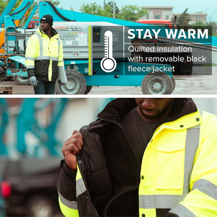 Pioneer Hi Vis 5-in-1 Waterproof Safety Jacket for Men - Convertible to Vest & Black Fleece - Rated to -8°F - ANSI Class 3