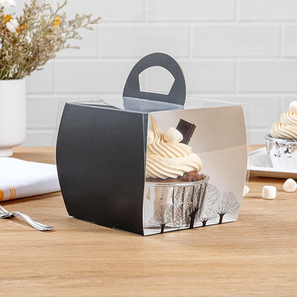 Restaurantware-4 Inch x 4.25 Inch Individual Cupcake Boxes, 100 Disposable Cupcake Display Boxes - with Handle, Tree Accent, Clear Plastic Single Cupcake Containers, for Weddings Or Birthdays