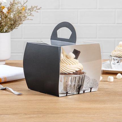 Restaurantware-4 Inch x 4.25 Inch Individual Cupcake Boxes, 100 Disposable Cupcake Display Boxes - with Handle, Tree Accent, Clear Plastic Single Cupcake Containers, for Weddings Or Birthdays