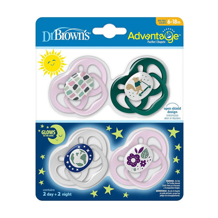 Dr. Brown's Advantage Glow-in-the-Dark Baby Pacifier, Fully Symmetrical Soother with Soft Silicone Bulb, Scooter Squirrel-Purple Nature, 6-18m, BPA Free, 4 Pack