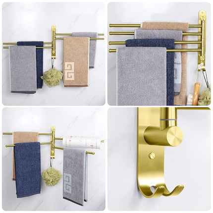 NearMoon Swivel Towel Rack, 13.8" Thicken 304 Stainless Steel 4-Arm Towel Bar, Space Saving Wall Mounted Towel Holder with Hook, Rustproof Swing Out Towel Hanger for Bathroom, Kitchen (Brushed Gold)