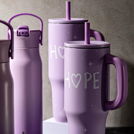 Vaso de viaje Zak Designs St. Jude Sutton para llevar, acero inoxidable de 40 oz con aislamiento al vacío, pajita de silicona y asa de transporte para bebidas frías (Hope)