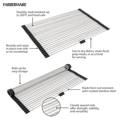 Escurreplatos Enrollable Farberware para Fregadero con Alambres de Acero Inoxidable, Grande, Plateado/Negro