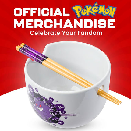 Silver Buffalo Pokémon Gengar Pokeball Tazón de cerámica para fideos ramen/arroz con palillos, apto para microondas, 20 onzas