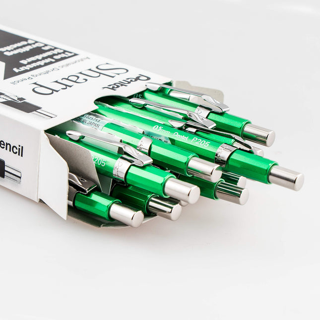 Lápiz mecánico Pentel Sharp, (0,5 mm), cuerpo verde metálico, caja de 12 unidades (P205MD)