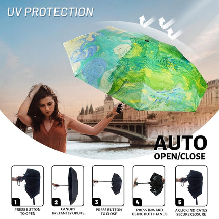 SY COMPACT Travel Umbrella - Windproof Automatic Compact Umbrellas for Rain, green wheatfield, 38 inches, Compact