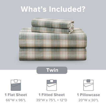 Comfort Spaces 100% Cotton Sheets Twin, Breathable, Naturally Cool Cotton Sheets, Soft Cotton Bed Sheets with 12" Elastic Pocket Fits up to 14" Mattress, All Seasons Sheet Set, Wesley Green 3 Piece