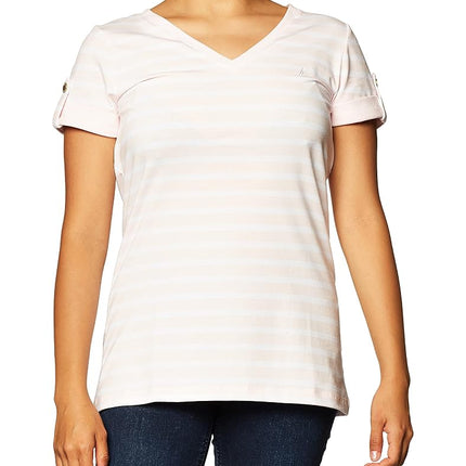 Nautica Women's Easy Comfort V-Neck Striped Supersoft Stretch Cotton T-Shirt, Cradle Pink, XL