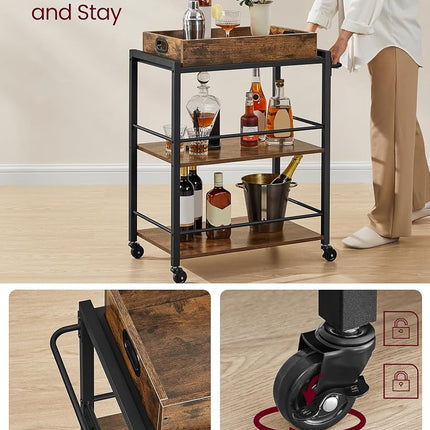VASAGLE Industrial Bar Cart for The Home, Serving Cart with Wheels and Handle, 3-Tier Beverage Cart with Removable Tray and Storage Shelves for Living Room Kitchen, Rustic Brown and Black ULRC72X