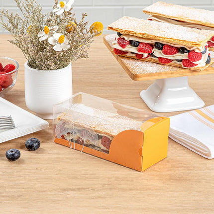 Restaurantware-7 Inch x 2.5 Inch Clear Dessert Boxes, 100 Orange Paper Sleeve Transparent Candy Boxes - Leaf Accent, No Grease Lining, Clear Plastic Clear Favor Boxes, Crack Resistant, Disposable