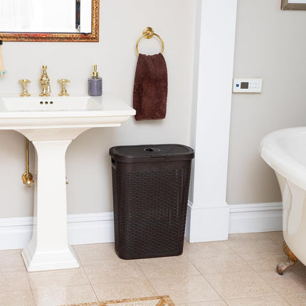Mind Reader 40L Slim Laundry Hamper, Clothes Basket, Lid, Wicker Design, Plastic, 18"L x 10.4"W x 23.5"H, Brown