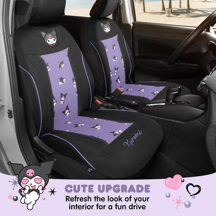 Hello Kitty Kuromi Car Seat Covers - Cute Black and Purple Front Seat Covers with 4PC Carpet Car Floor Mats - Universal Fit for Cars, SUVs & Trucks - Black with Kuromi Print & Purple, Pink Accents