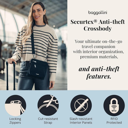 Baggallini Securtex Anti-Theft Crossbody 8.25" Small / 10" Large Travel Purse with RFID Card Slots & Cut-Resistant Strap, Portobello, Small 8.25"w x 8.25"h