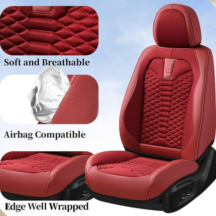 Coverado Car Seat Covers Full Set, Red Seat Covers for Cars 5 Seats, Breathable Fabric& Faux Leather Car Seat Cushions, Front and Rear Car Seat Protectors, Universal Seat Covers Fit for Most Vehicles