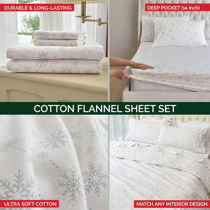 Elegant Comfort Ultra Soft 4-Piece 100% Turkish Cotton Flannel Sheet Set - Holiday Christmas Flannel Sheets, Warm and Cozy Premium Quality, Deep Pocket Fitted Sheet- Queen, Snowflake Ivory