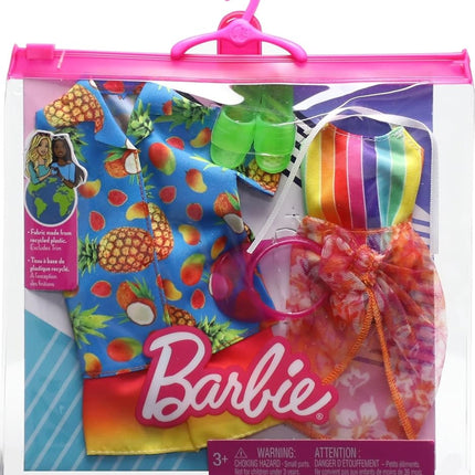 Barbie & Ken Fashions Clothing & Accessories Set, 1 Swimsuit, Sarong & Visor for Barbie Doll and 1 Tropical Shirt, Swimsuit and Shoes for Ken Doll