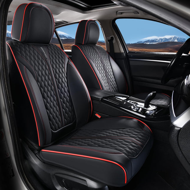 Coverado Car Seat Covers Full Set, Nappa Leather Seat Covers for Cars, Waterproof Front Seat Covers and Back Seat Covers, Car Seat Protector, Car Seat Cover Universal Fit for Most Cars, Black&Red