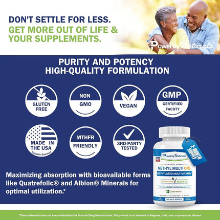 Power By Naturals Methyl Multi One – Iron-Free Methylated Multivitamin with 5-MTHF, Methyl B12 & CoQ10 – Methylation Support for Men & Women – Vegan, Non-GMO – 60 Capsules (2-Month Supply)