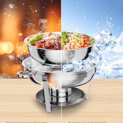 Plat de service pour buffet, service de buffet rond de 5 pintes avec support de couvercle, chafers et chauffe-plats en acier inoxydable avec cuillère et pinces pour les fêtes, les mariages (argent, lot de 2)