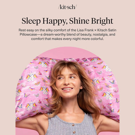 Kitsch x Lisa Frank Satin Pillowcase with Zipper for Hair & Skin, Softer Than Silk Pillow Cases Queen, Wrinkle-Free, Smooth and Cooling Satin Pillow Covers Standard/Queen Size 19x26 - Angel Kitty