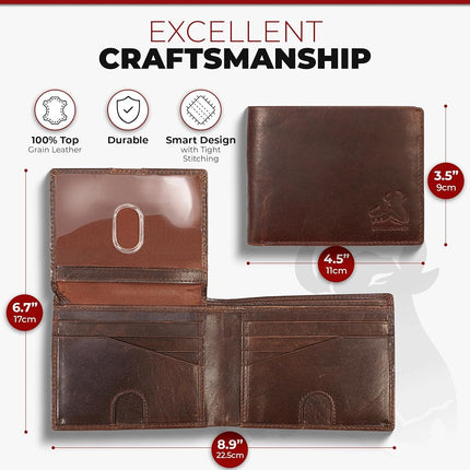 Billetera de Cuero Bifold para Hombre con RFID y Ventana para Identificación Desplegable en Marrón Búfalo Vintage, Marrón Grizzly Salvaje, Billetera Bifold