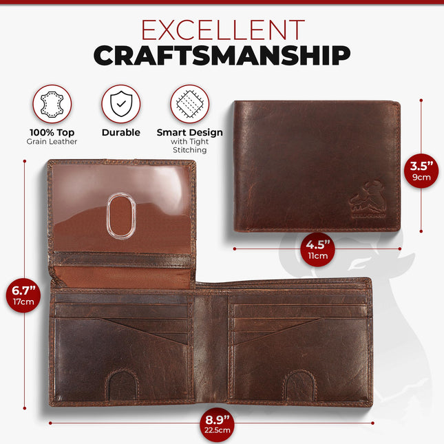 Portefeuille en cuir RFID à deux volets pour homme avec porte-carte d'identité escamotable en brun bison vintage, brun grizzly sauvage, portefeuille à deux volets