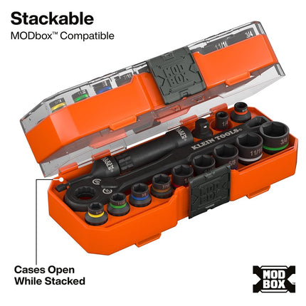 Klein Tools 65400 KNECT 15-Piece Impact Rated Pass Through Socket Set with MODbox Case, Sockets, Bits, Accessories and 3/8-Inch Drive Adapter