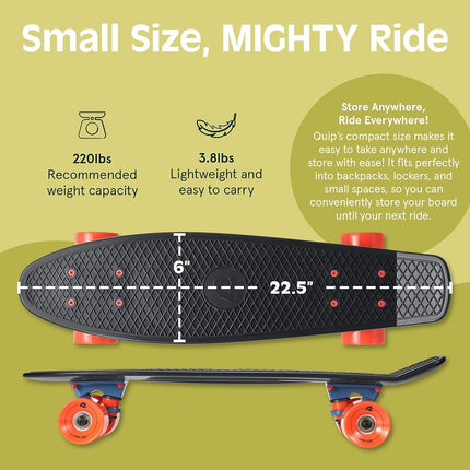 Retrospec Quip Mini Cruiser Skateboard Classic Retro Plastic Skateboard with ABEC 7 Bearings and PU Wheels, Compact Deck with Grip and Embossed Moulded Deck 22.5"