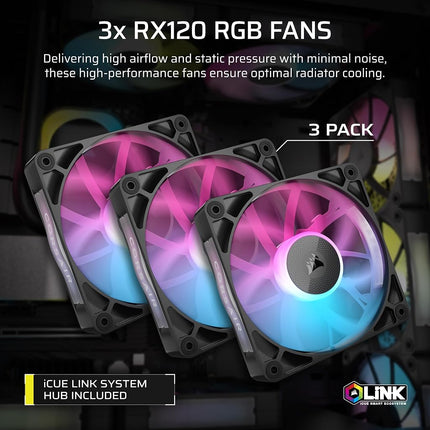 CORSAIR iCUE LINK XH505i RX 360 RGB Custom Cooling Kit – XC7 ELITE CPU Water Block, XD6 ELITE Pump Reservoir, 3x RX120 RGB Fans, XR5 360mm Radiator, iCUE LINK System Hub – Black
