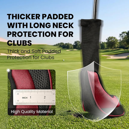 FINGER TEN Golf Club Head Covers for Woods Driver Fairway Hybrid Value 3/5 Pack, Long Headcover Interchangeable Accessories for Ultimate Club Protection (Red&Black(1D+2F+2H))