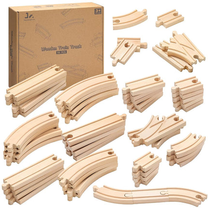 SainSmart Jr. Wooden Train Track Set, 52-Piece Expandable 18FT Wood Railway System | Compatible with Thomas & Brio | Includes Storage Box | Toy Gift for Kids & Toddlers Ages 3-7
