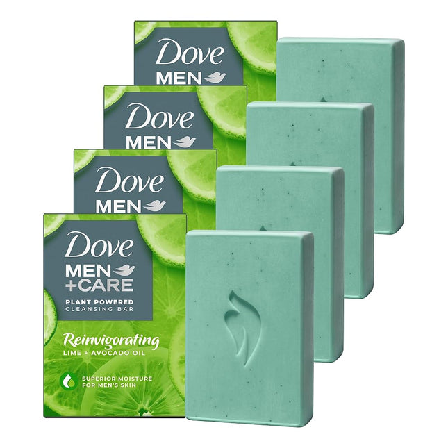 Dove Men + Care Natural Essential Oil Bar Soap to Clean and Hydrate Men's Skin Reinvigorating Lime + Avocado Oil 4-in-1 Bar Soap for Men's Body, Hair, Face and Shave 141 g 4 count