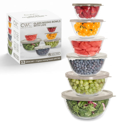 Cook with Color 12 Pc Glass Mixing Bowl Set with Lids – Borosilicate Glass Nesting Bowls for Cooking, Baking and Meal Prep, Brown