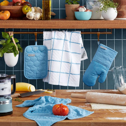 KitchenAid Quilted Cotton Terry Cloth Oven Mitt, Pot Holder Heat Resistant, 16"x26", 7"x13" & 7"x10", Blue Velvet