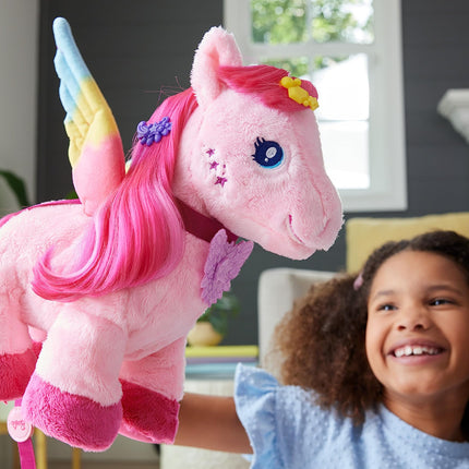 Mattel Barbie A Touch of Magic Stuffed Animals, Walk & Flutter Pegasus Plush, 11-inch Walking Plushie with Hair Accessories and Sound Feature, HPJ50