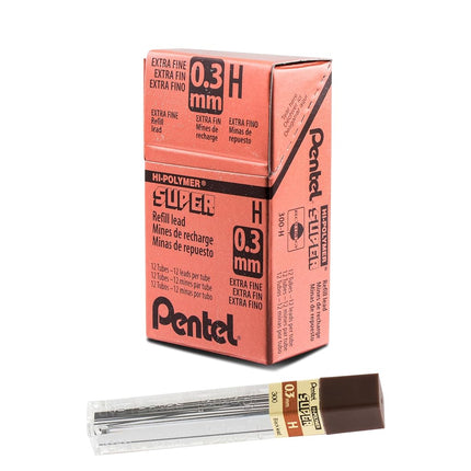 Pentel Super Hi-Polymer Refill Lead, 0.3mm Lead, Grade H, 1 Pack of 12 tubes, (12 leads per tube)