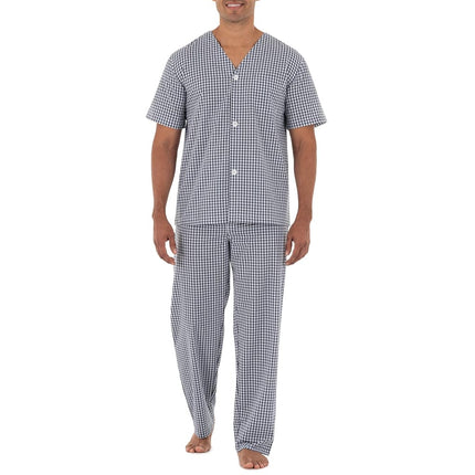Fruit of The Loom Men's Broadcloth Short Sleeve Top and Long Pants Pajama Set, Navy/White Check, 4X