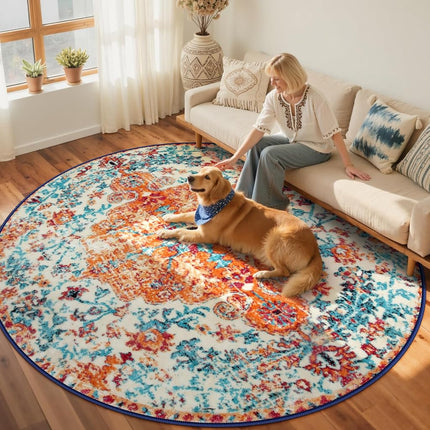 Lahome Bohemian Floral Medallion Round Rug - 6Ft Soft Washable Non-Slip Vintage Cute Table Throw Carpet for Living Room, Dining Room, Bedroom, Office, Nursery, Guest Room