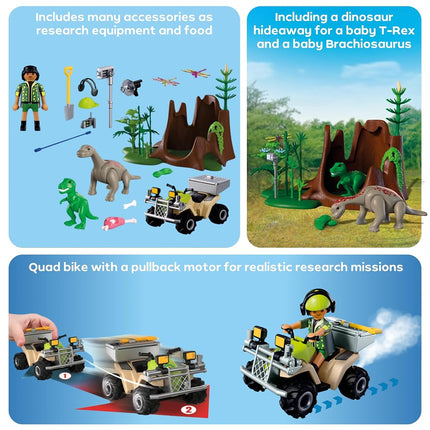 Playmobil Dinos Dinosaur Hideout, Dinosaur Explorer with Quad Bike, Baby T-Rex and Baby Brachiosaurus, Children's toy for ages 4plus, 72069