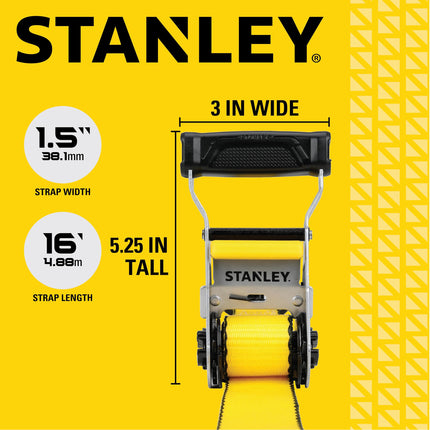 STANLEY S50002 Black/Yellow 1.5" x 16' Heavy-Duty Ratchet Straps (5,000 lb Break Strength), 2 Pack