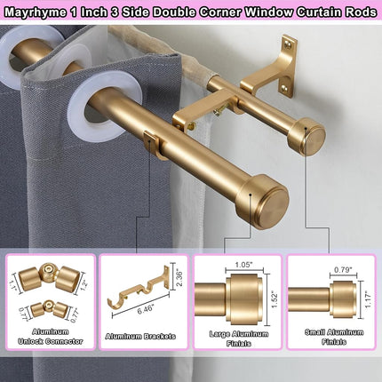 Barras de cortina de esquina doble Mayrhyme Warm Gold con remates de tapa de aluminio y soportes, barras de cortina de ventana salediza doble de 1 pulgada de diámetro, barra doble central ajustable de 2 lados de 20-36" y 36-72"