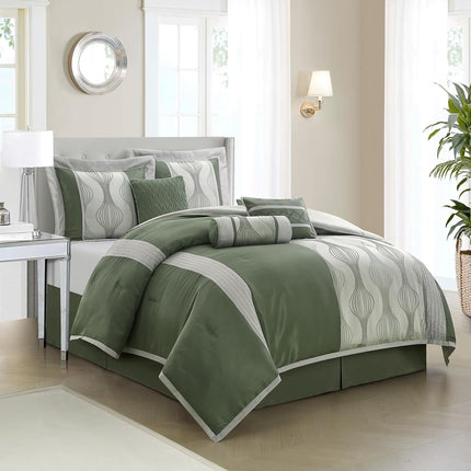 Stratford Park 7 Piece Green Comforter Set, King Size Jacquard Bedding Set, All Season Geometric Patchwork Bedding Set, Matching Pillows, Shams, Bed Skirt