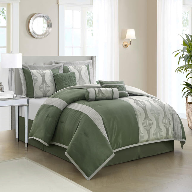 Stratford Park 7 Piece Green Comforter Set, King Size Jacquard Bedding Set, All Season Geometric Patchwork Bedding Set, Matching Pillows, Shams, Bed Skirt