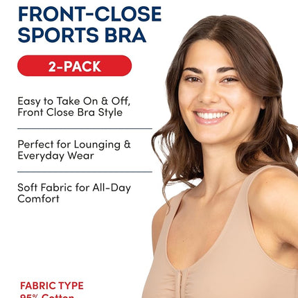 Fruit of the Loom Women's Front Close Sports Bra, Sand/Black 2-Pack, 34 (Pack of 2)