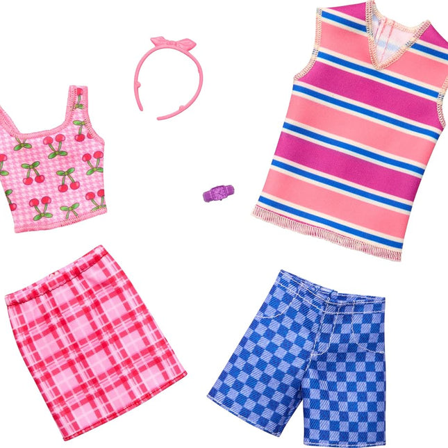 Barbie & Ken Fashions 2-Pack Clothing & Accessories Set, 1 Cheetah-Print Dress & Bracelet for Barbie Doll & 1 Shirt & Shorts Outfit with Sunglasses for Ken Doll
