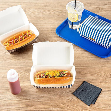 Bio Tek 6.7 x 3.5 x 3.5 Inch Clamshell Food Containers, 100 Disposable Sandwich Containers - Hinged Lid, Tab-Lock Closure, Blue And White Paper Hot Dog Containers, Greaseproof - Restaurantware