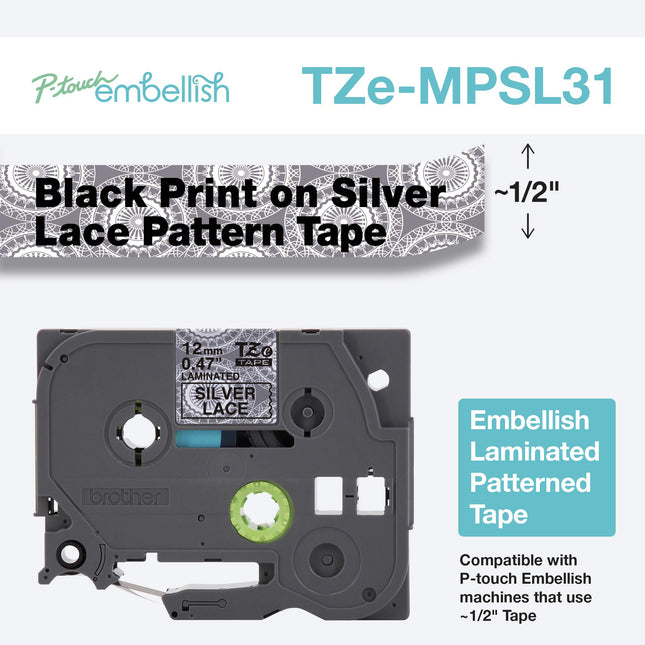 Brother P-Touch Embellish Black Print on Silver Lace Patterned Tape TZEMPSL31 � ~�� Wide x 13.1� Long for use with P-Touch Embellish Ribbon & Tape Printer
