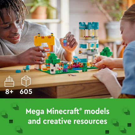LEGO 21249 Minecraft The Building Kit 4.0, 2-in-1 Set, Build River Towers or a Cat Hut with Alex, Steve, Creeper and Zombie Mobs Figures, Toy for Kids
